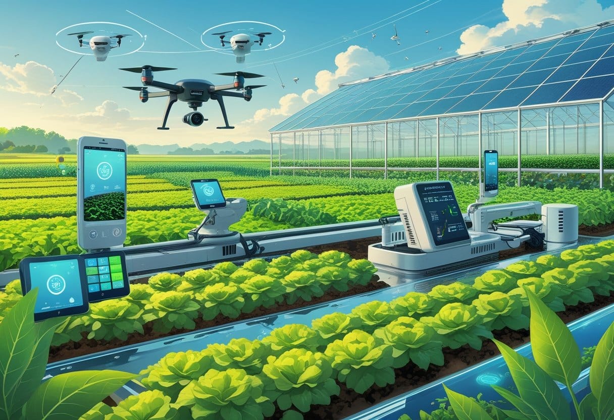 agricultura: Campo agrícola verde com plantações saudáveis, drones voando, painéis solares, irrigação automatizada, agricultores usando tablets e estufa moderna ao fundo com cultivo vertical.