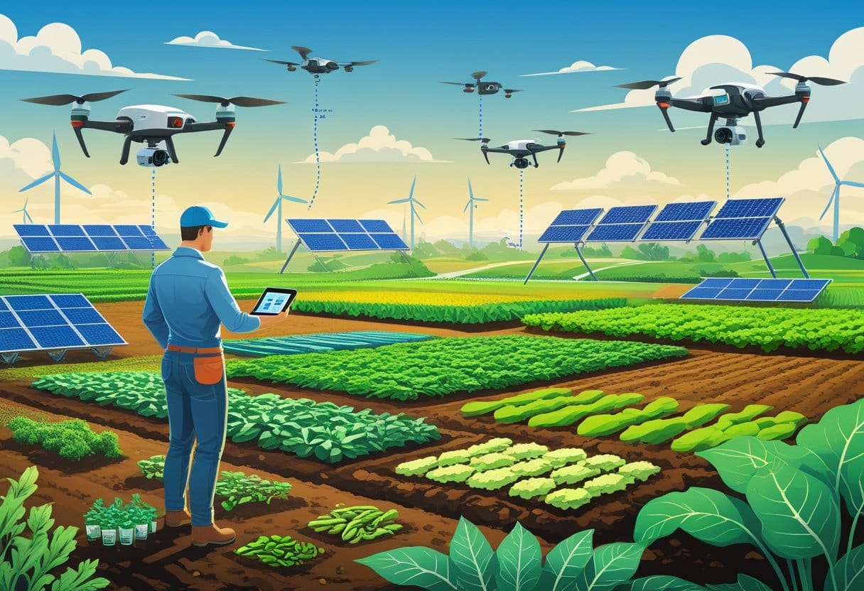 agricultura: Um agricultor em uma fazenda saudável usando um dispositivo digital para monitorar plantações, com culturas diversas, sistemas de irrigação eficientes, painéis solares e turbinas eólicas ao fundo, simbolizando a união entre agricultura sustentável e tecnologia.