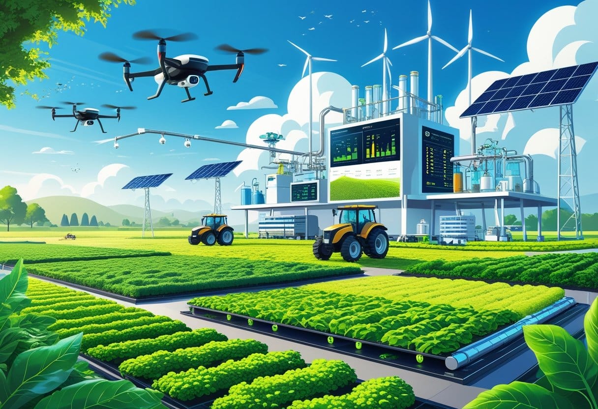 agricultura: Paisagem agrícola moderna com plantações verdes, máquinas agrícolas avançadas, drones voando, laboratório de pesquisa ao fundo com cientistas, painéis solares e turbinas eólicas.