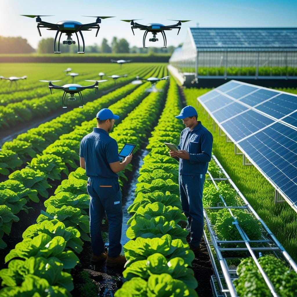 aplicativos rurais: Um agricultor em um campo verde segurando um tablet com ícones e gráficos digitais, cercado por interfaces holográficas mostrando mapas e dados agrícolas, com tratores e drones trabalhando ao fundo em uma fazenda.