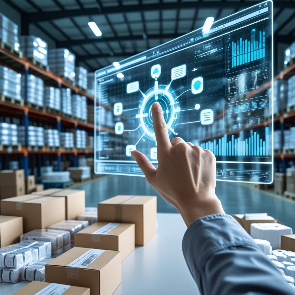 Certificação: Cena mostrando uma mão interagindo com uma interface digital holográfica sobre uma mesa com produtos embalados, em um ambiente de armazém organizado