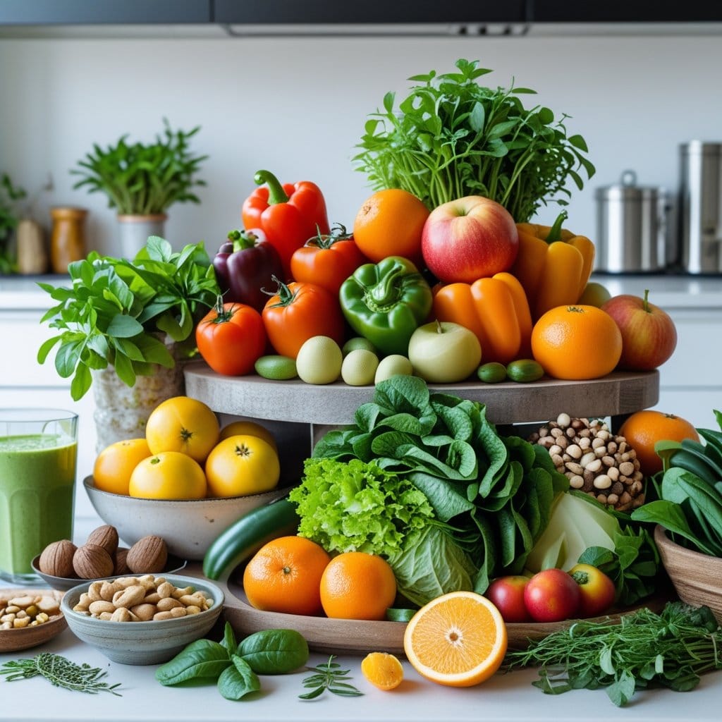 Alimentos orgânicos: Uma seleção vibrante de frutas e vegetais orgânicos frescos dispostos em um ambiente natural, com elementos que representam saúde e vitalidade, em uma cozinha moderna ao fundo