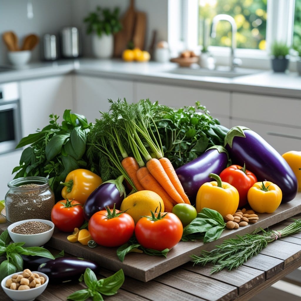 alimentos orgânicos: Uma seleção vibrante de frutas e vegetais orgânicos frescos dispostos em um ambiente natural, com elementos que representam saúde e vitalidade, em uma cozinha moderna ao fundo
