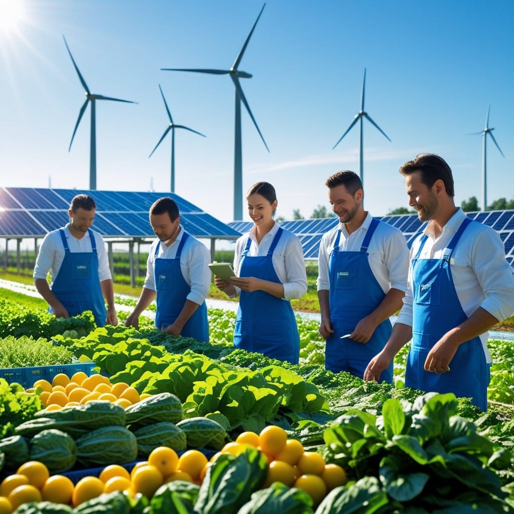 Segurança alimentar: Cena de uma fazenda sustentável com plantações verdes, agricultores inspecionando frutas e vegetais frescos, painéis solares e turbinas eólicas ao fundo, e uma instalação de processamento de alimentos limpa e moderna.