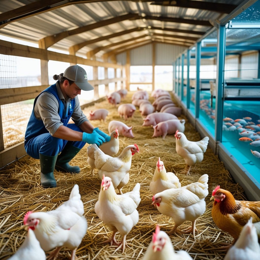 Financiamentos para custeio:: Fazendeiro inspecionando galinhas em um galpão, porcos em um curral próximo e tanques de piscicultura com peixes nadando.