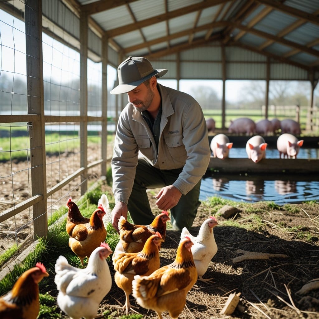 Financiamentos para custeio:: Fazendeiro inspecionando galinhas em um galpão, porcos em um curral próximo e tanques de piscicultura com peixes nadando.