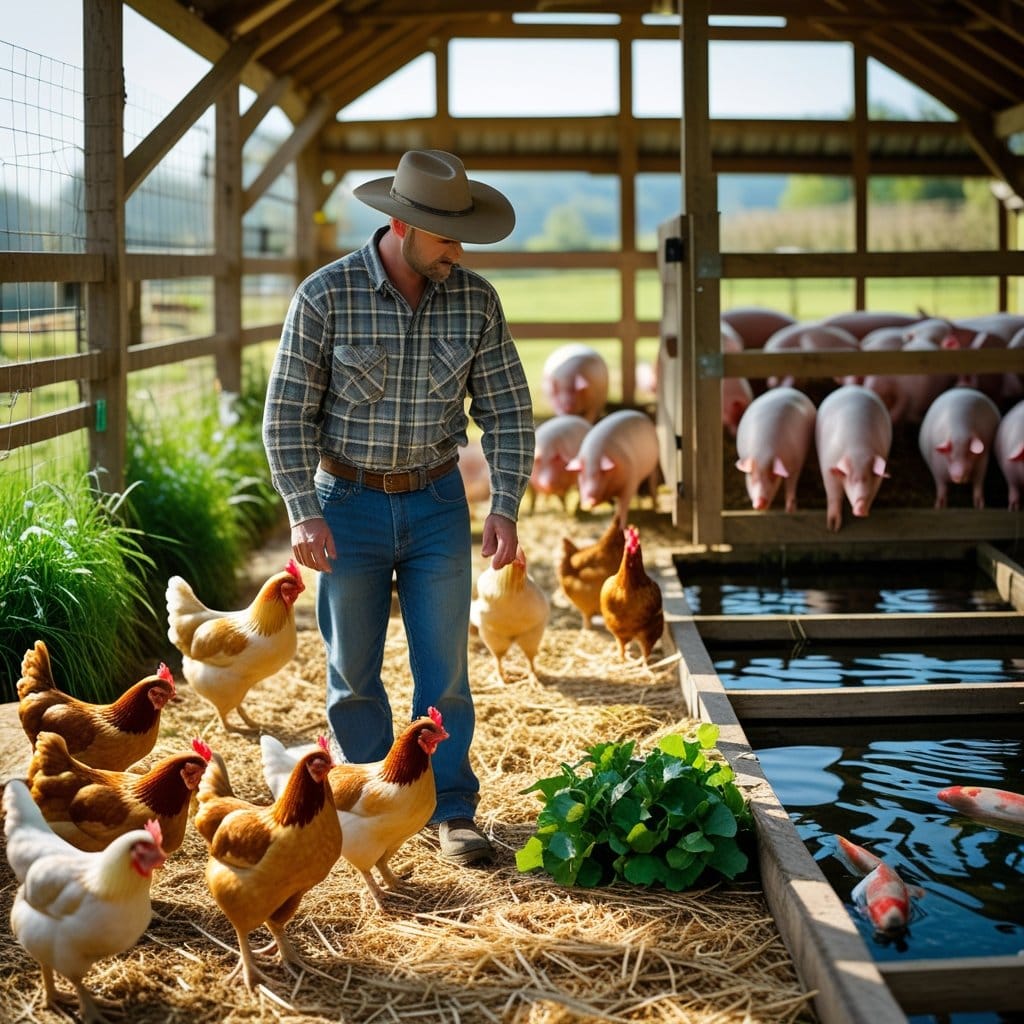 Financiamentos para custeio: Fazendeiro inspecionando galinhas em um galpão, porcos em um curral próximo e tanques de piscicultura com peixes nadando.