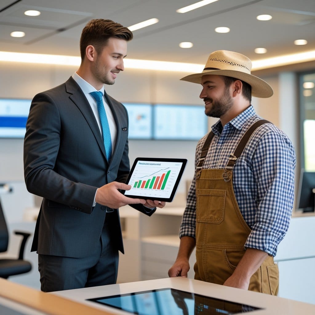 Financiamentos de custeio: Profissional em ambiente de banco mostrando um tablet com gráficos financeiros para um fazendeiro.