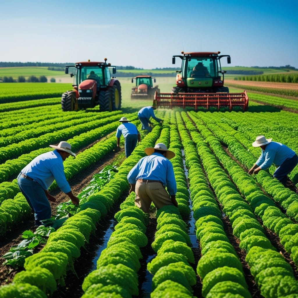 Prorrogação rural: Agricultores em campo discutindo com um assessor agrícola, cercados por plantações e equipamentos agrícolas, simbolizando operações rurais e planejamento para prorrogação.