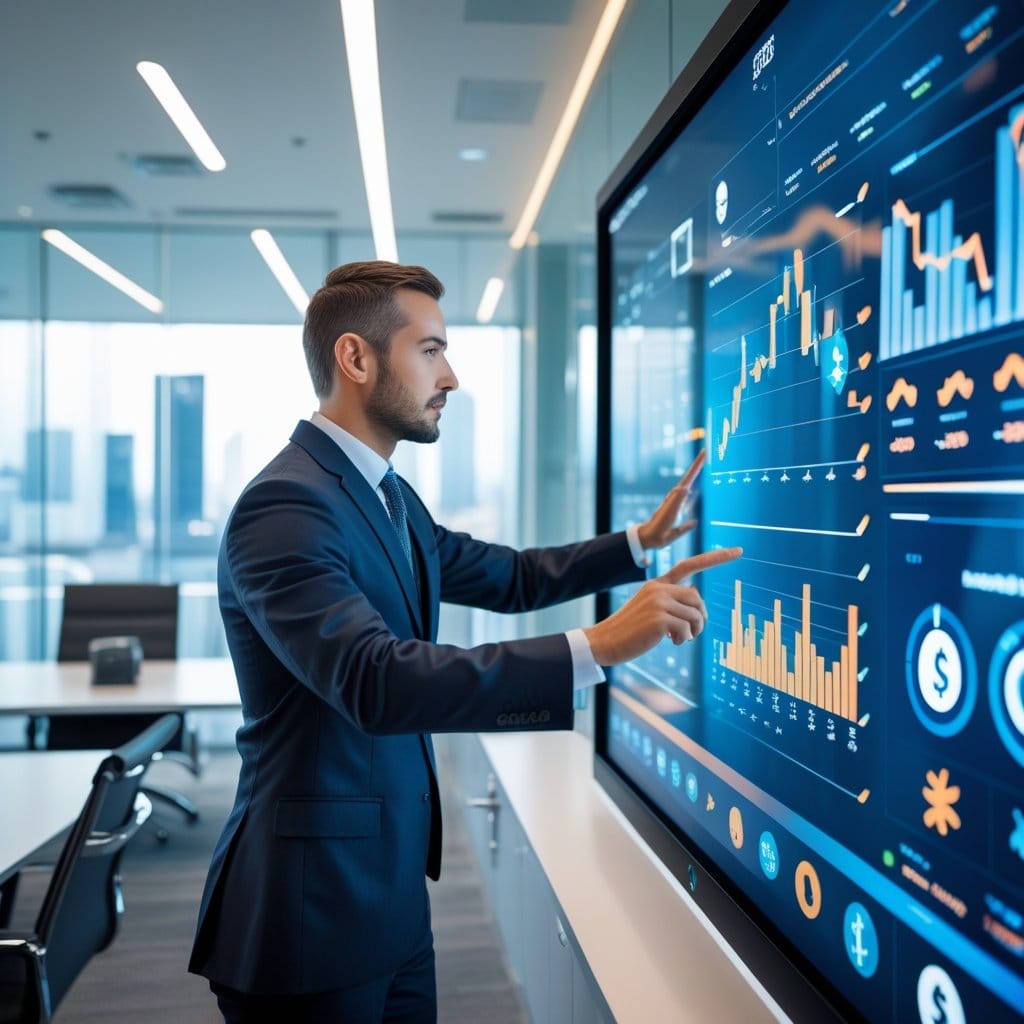 Desclassificação de operações: Funcionário do Banco Central analisando dados financeiros em uma tela digital em um escritório moderno, com gráficos e símbolos bancários ao redor.
