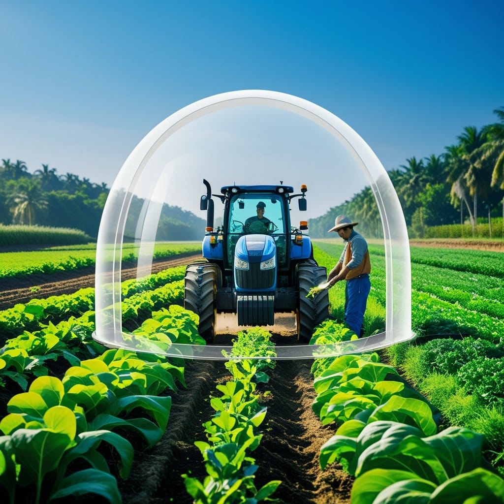 Proagro: Paisagem rural com plantações verdes, um trator trabalhando e um agricultor cuidando das plantas, protegidos por um escudo transparente que simboliza segurança agrícola.