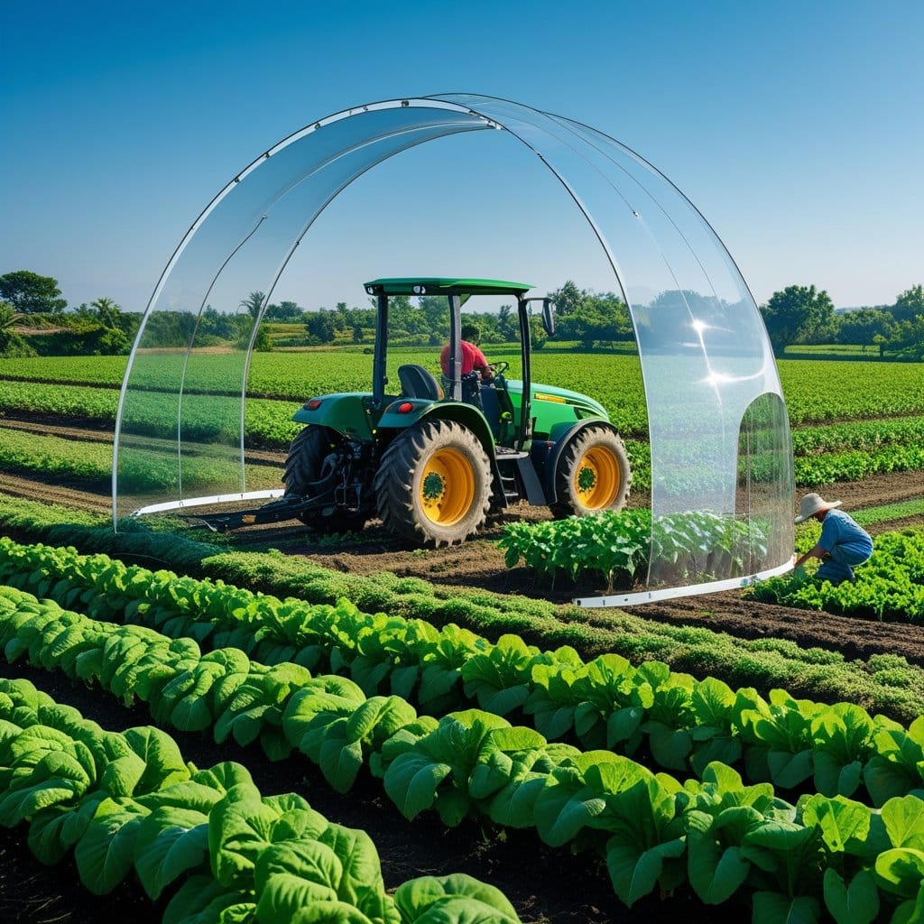 Proagro: Paisagem rural com plantações verdes, um trator trabalhando e um agricultor cuidando das plantas, protegidos por um escudo transparente que simboliza segurança agrícola.