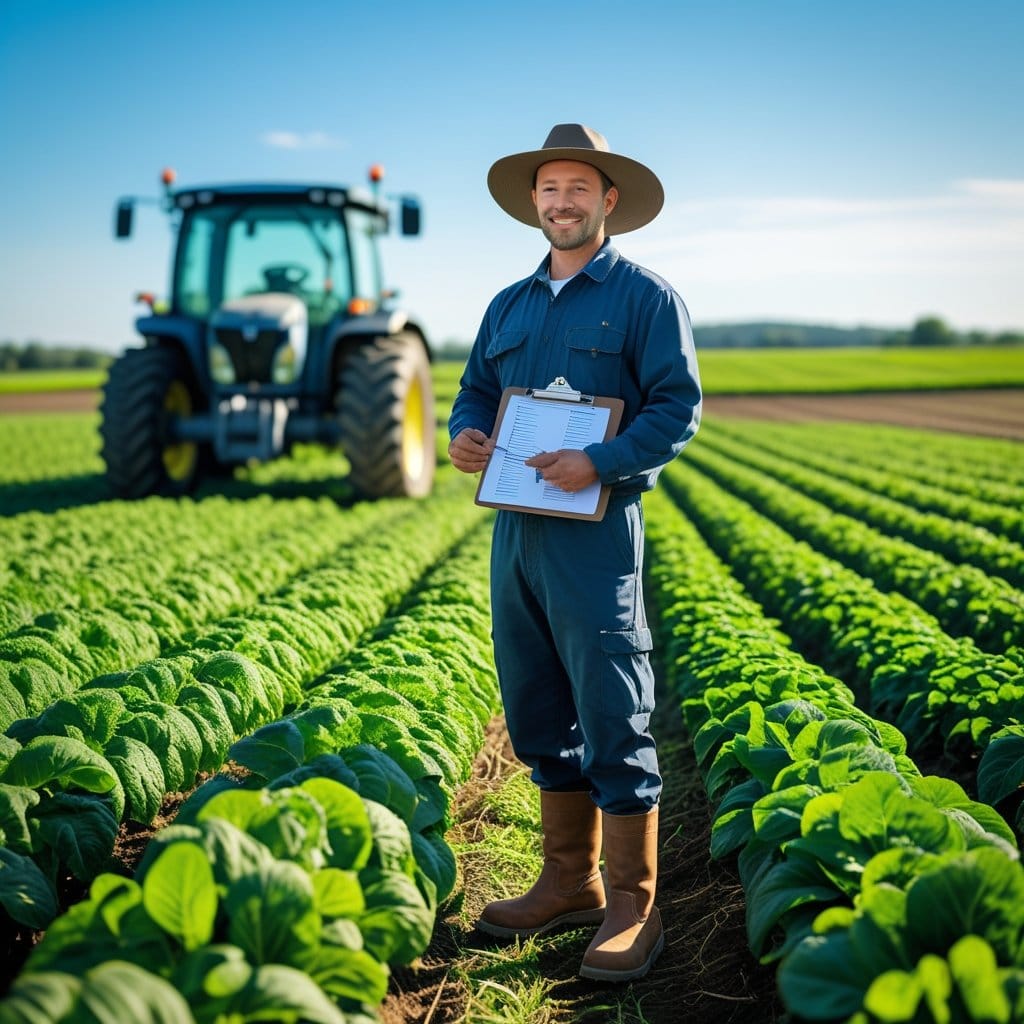 Seguro penhor rural: Um agricultor em um campo rural com plantações, segurando uma prancheta com documentos, com um trator ao fundo e céu azul claro.
