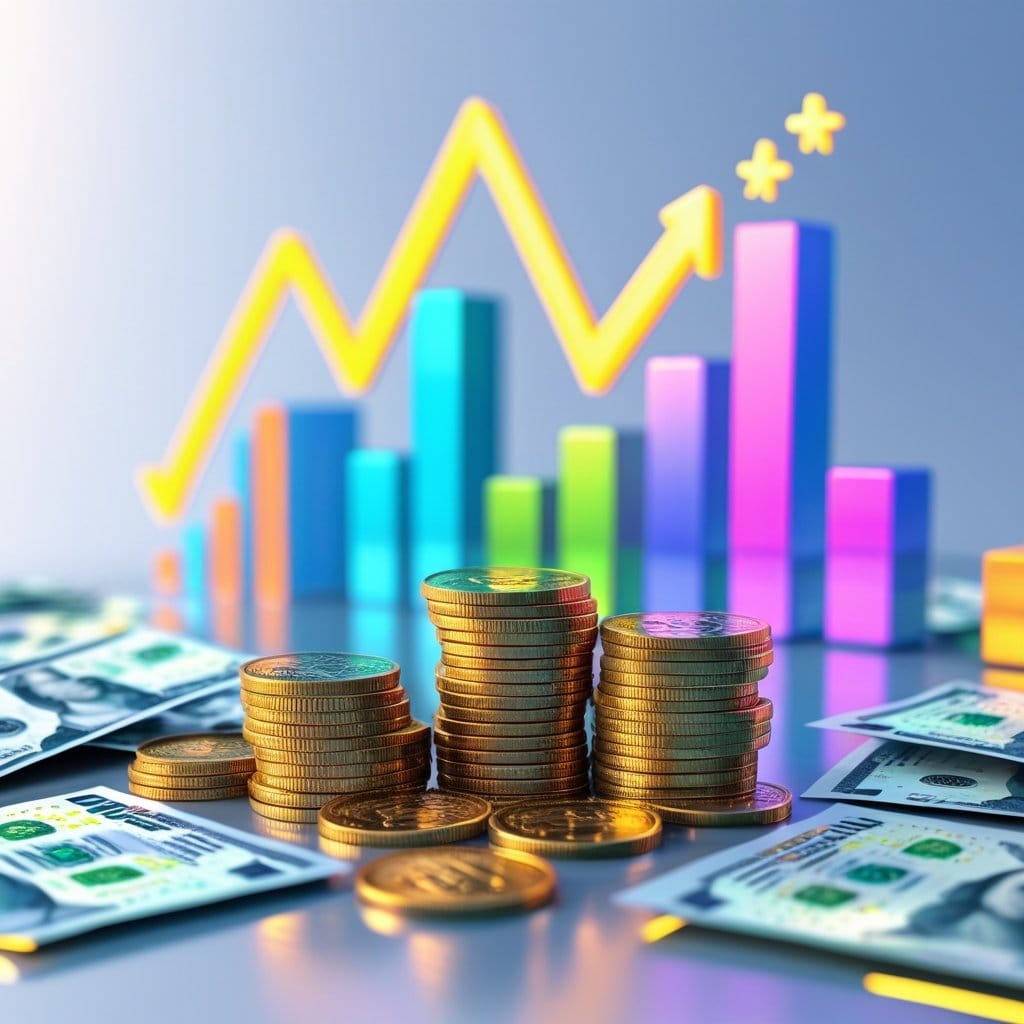 Desconto de NPR: Cena 3D mostrando elementos financeiros digitais com moedas, cédulas e gráficos indicando desconto na moeda NPR.