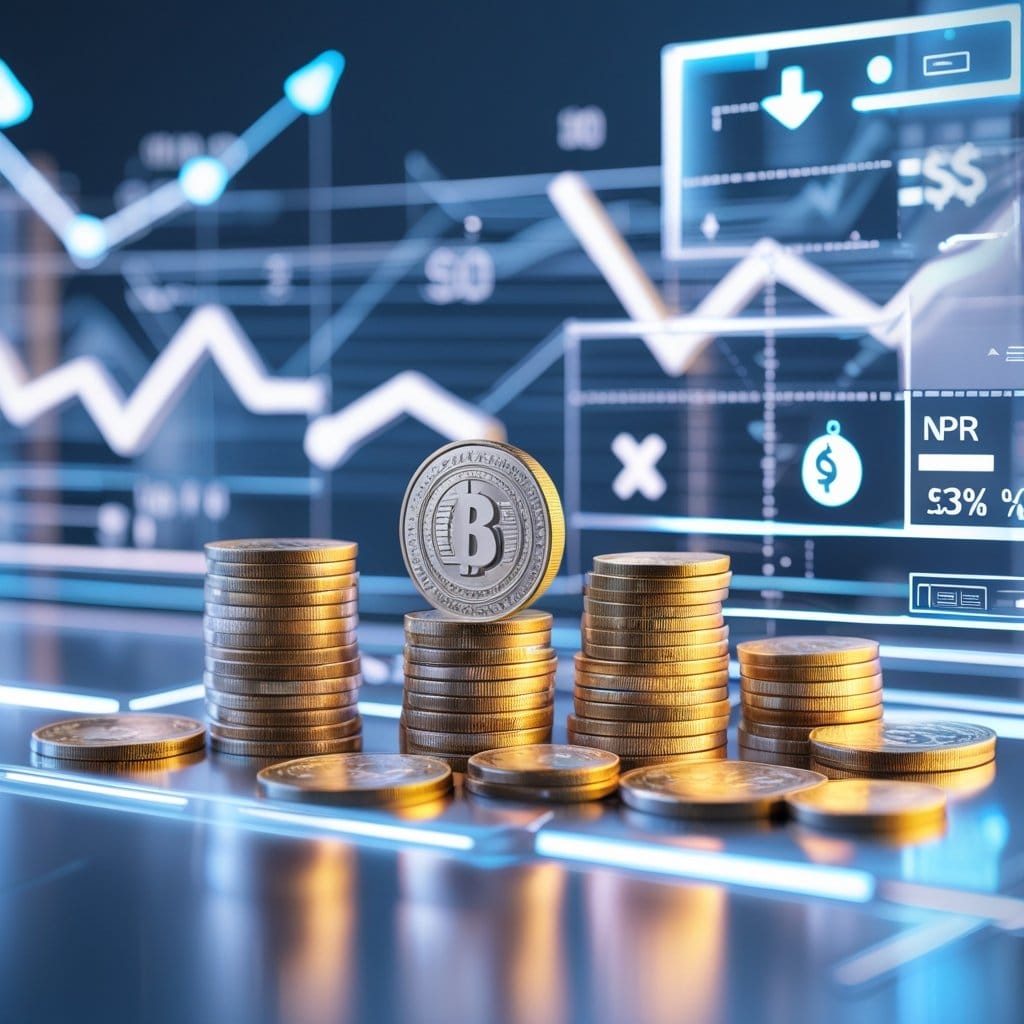 Desconto de NPR: Cena 3D mostrando elementos financeiros digitais com moedas, cédulas e gráficos indicando desconto na moeda NPR.