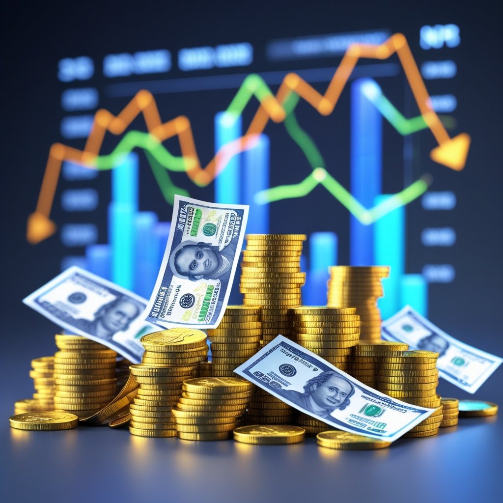 garantia de preços: Cena 3D mostrando elementos financeiros digitais com moedas, cédulas e gráficos indicando desconto na moeda NPR.