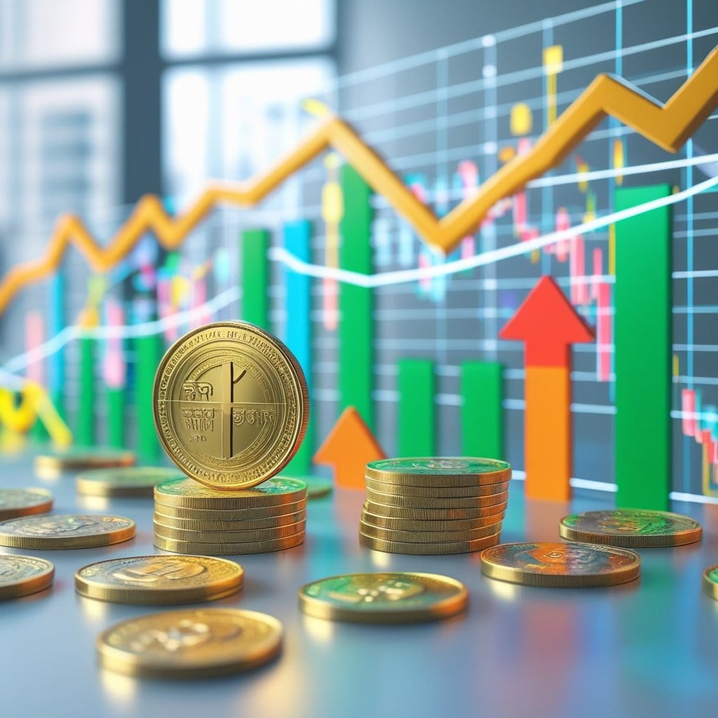 garantia de preços: Cena 3D mostrando elementos financeiros digitais com moedas, cédulas e gráficos indicando desconto na moeda NPR.