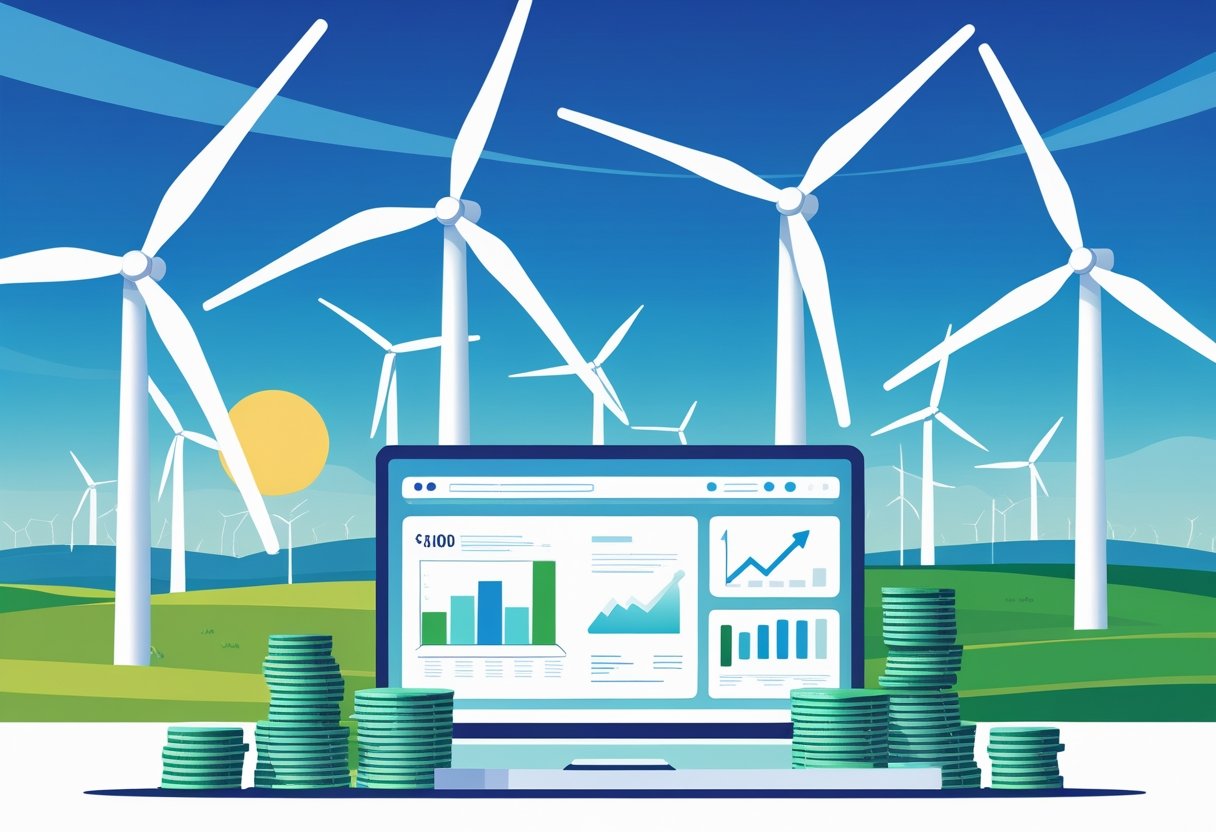 Parque eólico com turbinas de vento e elementos financeiros que representam linhas de crédito para energia renovável.