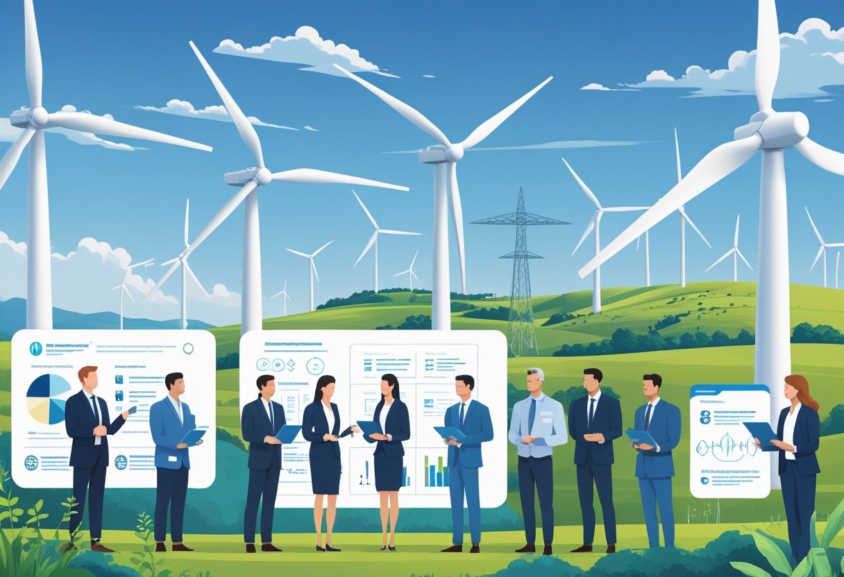 Parque eólico com turbinas ao fundo e profissionais discutindo planos financeiros relacionados a energia eólica em primeiro plano.