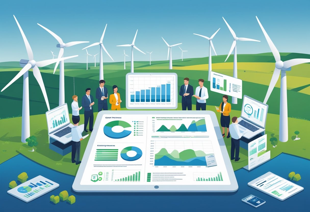 Profissionais analisando dados financeiros e técnicos de projetos de energia eólica em uma paisagem com turbinas eólicas ao fundo.
