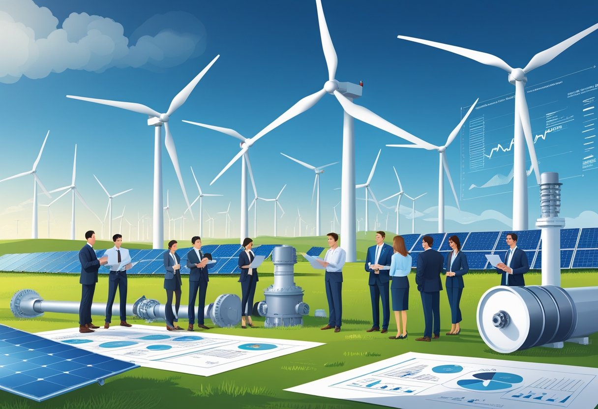 Um parque eólico com turbinas girando em uma paisagem verde, com profissionais discutindo planos e equipamentos de energia eólica ao redor.