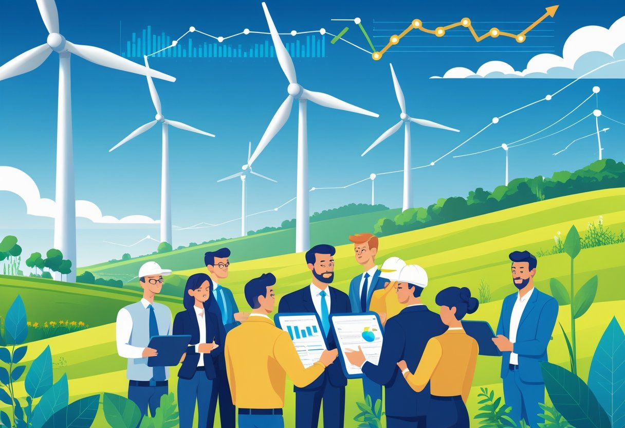 Parque eólico com turbinas girando, pessoas discutindo planos financeiros e campos verdes ao redor, simbolizando benefícios econômicos e ambientais da energia eólica.